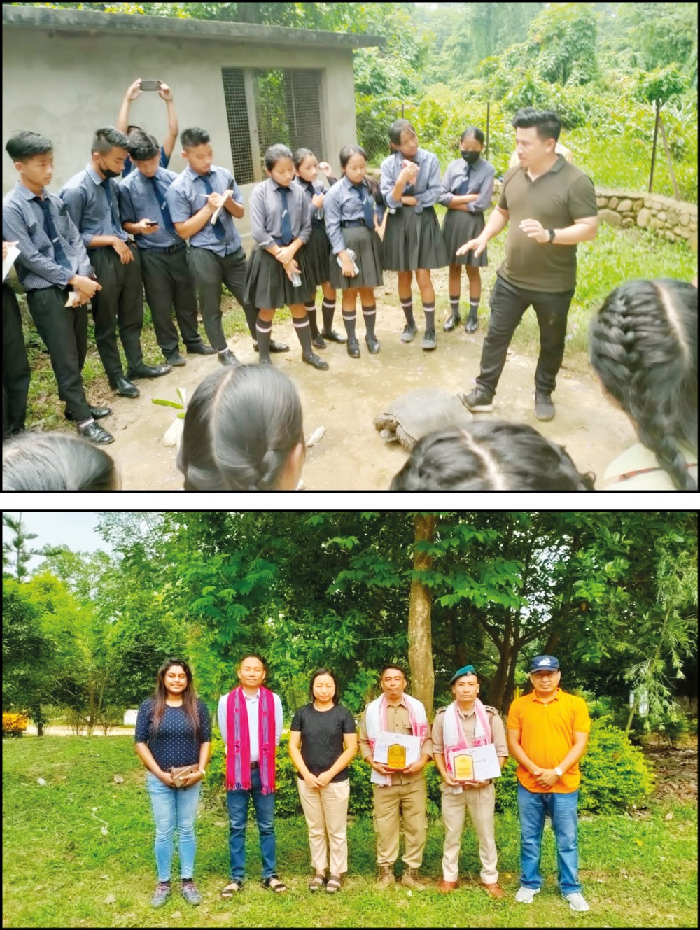 (Top) Students during the exposure visit to Nagaland Zoological Park Asian Giant Tortoise enclosure and (Bottom) Vinoto K Rochill, Forester I, NZP and Johnny Tep Rengma, Forest Guard, Wildlife Division being felicitated and recognized as 'Turtle Warrior' by TSA India and NZP.